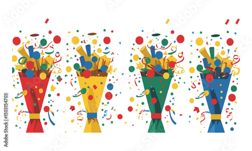 A set of four festive party poppers in a modern flat vector style, easily scalable and editable.
