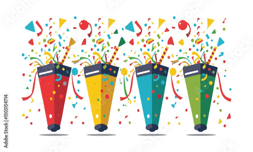 A set of four festive party poppers in a modern flat vector style, easily scalable and editable.