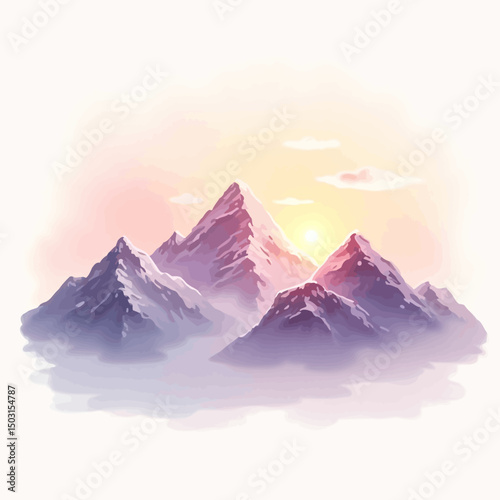 Stunning illustration of snowy mountain peaks at sunrise with soft pink light and dreamy clouds in a tranquil sky.