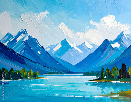 Colorful oil painting of a tranquil lake surrounded by snow-capped mountains and vibrant trees under a bright blue sky. Peaceful alpine landscape with serene water and crisp, fresh atmosphere.

