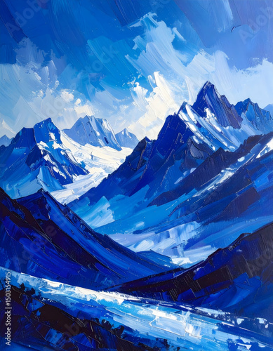 Majestic snowy mountains under a vivid blue sky, captured in bold, textured brushstrokes of an expressive oil painting. A striking blend of nature and abstract artistry.


