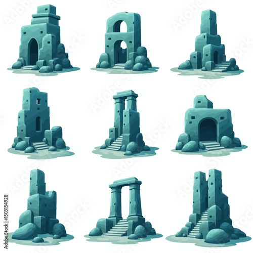 Majestic sunken temple ruins framed by rocky underwater cliffs. Sunlight filters through water for a serene oceanic scene.