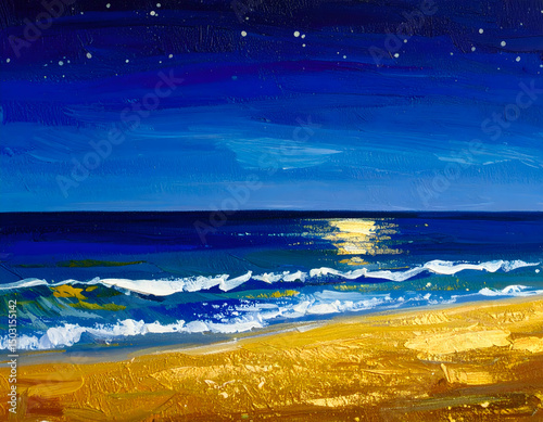 A vibrant seascape painting of a moonlit beach, with golden sand and shimmering waves under a starry night sky. Bold brushstrokes create a dreamy, peaceful coastal atmosphere.

