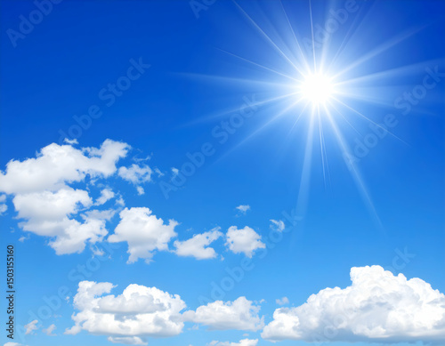 Sun's Radiant Glow: A bright sun shines intensely against a vibrant azure sky, adorned with fluffy, pristine clouds, offering a symbol of hope, warmth, and endless summer days.