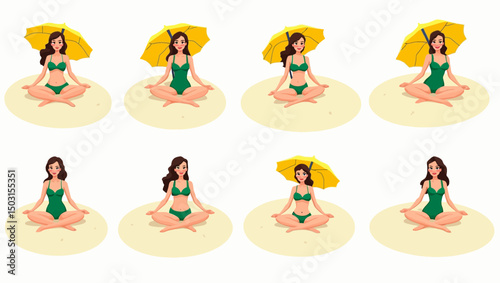 Vector set of a woman in a green bikini sitting in different relaxed poses on the beach under a yellow umbrella.