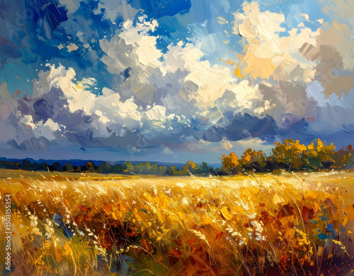 Golden meadow under dramatic skies painted in vivid strokes, capturing the raw beauty of nature and the dynamic dance of clouds over a sunlit field.


