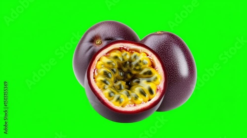 Freshly cut passion fruit on vibrant green background during a cooking presentation in a modern kitchen