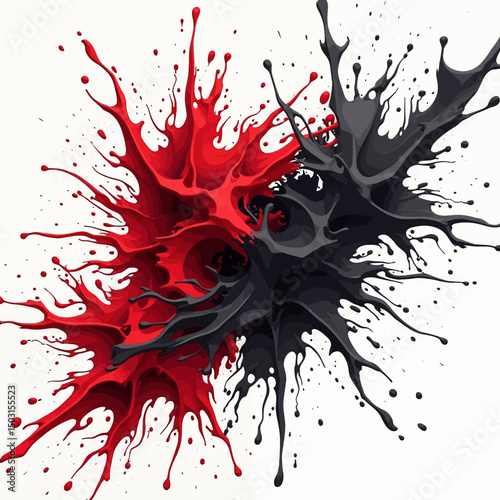 Red and black paint splashes collide in a dramatic, dynamic abstract explosion with artistic fluid motion.