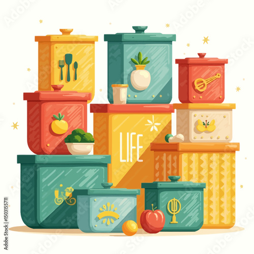 Colorful vector containers with food icons and kitchen symbols, arranged in a decorative composition.