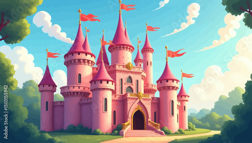 Enchanted pink fantasy castle with golden details and fluttering flags in a lush, dreamy fairytale forest landscape.