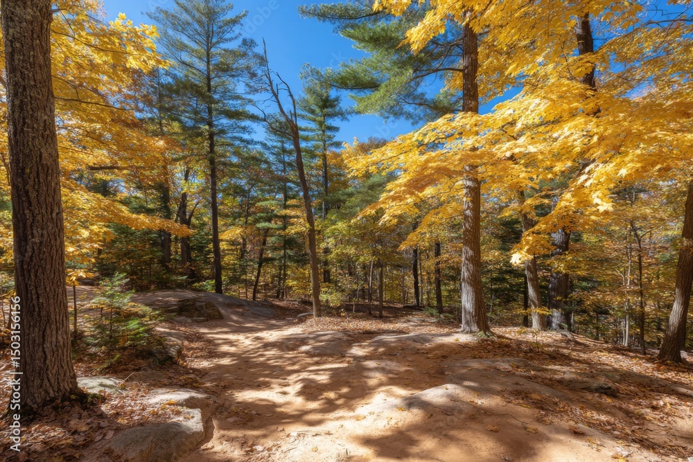 Fototapeta premium Exploring autumn trails a scenic nature walk in vibrant forests peaceful landscape serene viewpoint