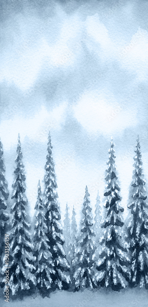 Obraz premium Watercolor landscape. Fir trees in a winter forest