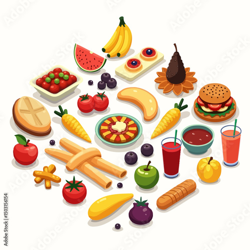 3D style food and fruit icons set with burger, pizza, vegetables, juices and bread in colorful cartoon illustration for menu or app use.