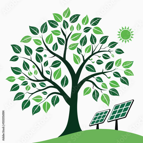 Digital Illustration of Tree with Solar Panels Renewable Energy Eco Friendly Sustainable Nature Concept Vector

