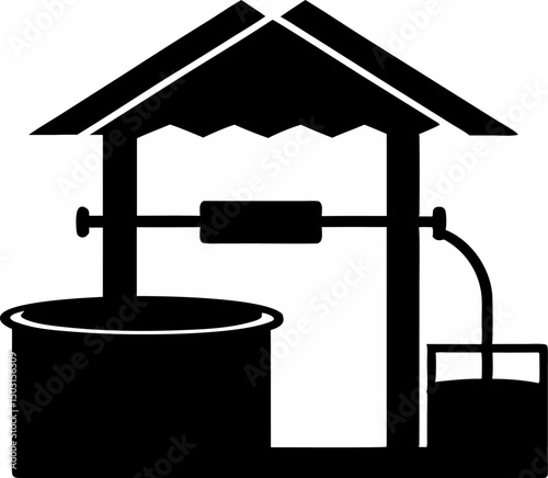 Old Well With Bucket Silhouette Vector Illustration
