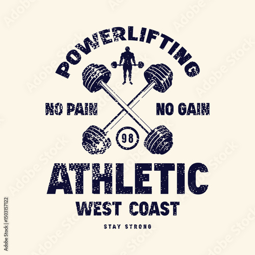 Sport emblem with powerlifter silhouette. Graphic design with rough texture for t-shirt. Black print on white background