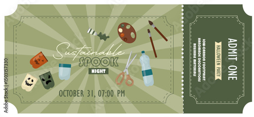 Sustainable Halloween Craft Night Admission Ticket Template. Green eco-friendly Halloween spook night ticket featuring DIY craft supplies, sustainable party, and October event. Vector illustration