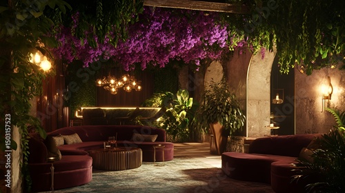Luxurious Lounge Decorated With Lush Greenery And Elegant Lighting