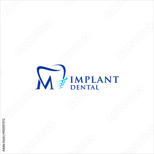 Modern dental logo design with letter m icon for cosmetic implant clinic oral care dentistry business smile symbol clean health template and medical identity concept vector