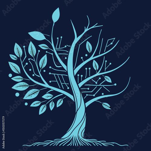 Futuristic Digital Tree Vector Illustration with Neon Blue Leaves Glowing Tech Nature Design Concept

