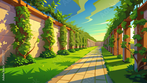Walls alive with climbing plants embrace a yard of flawless green grass under soft sunlight