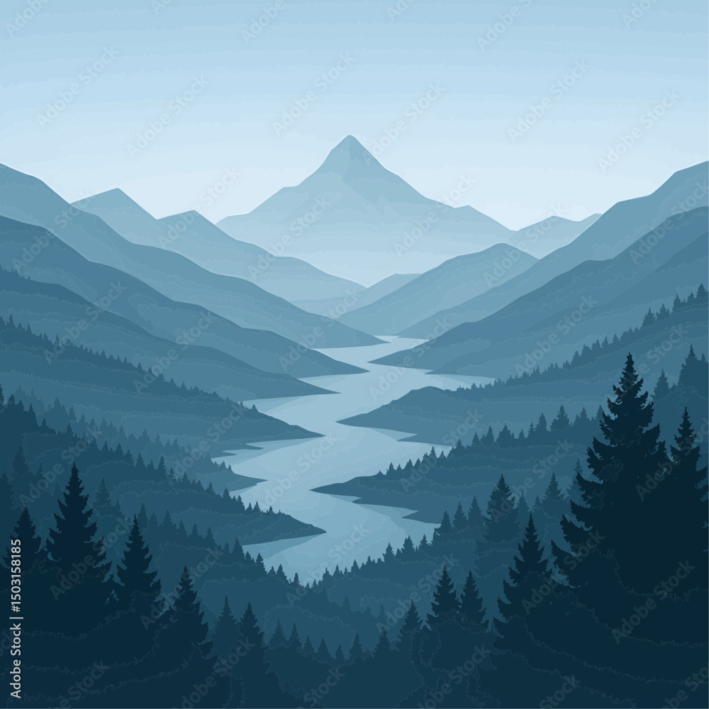 Fototapeta premium Realistic mountains landscape. Morning wood panorama, pine trees and mountains silhouettes. Vector forest hiking background