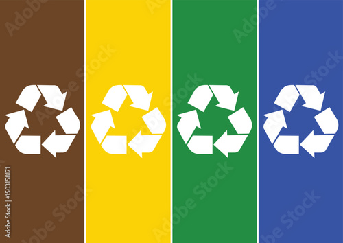 Recycle icon Four Colors Brown Blue Yellow Green Organic Plastic Metal Paper Glass