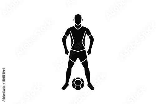 Soccer player standing over soccer ball simple icon