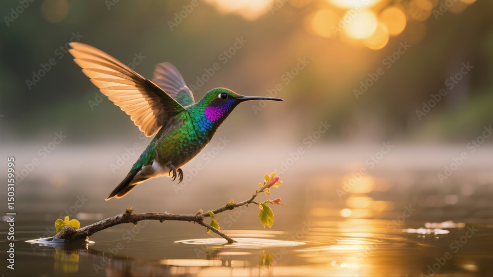 Fototapeta premium Hummingbird Feeding at Beautiful Lake Dramatic High Resolution Nature Artwork