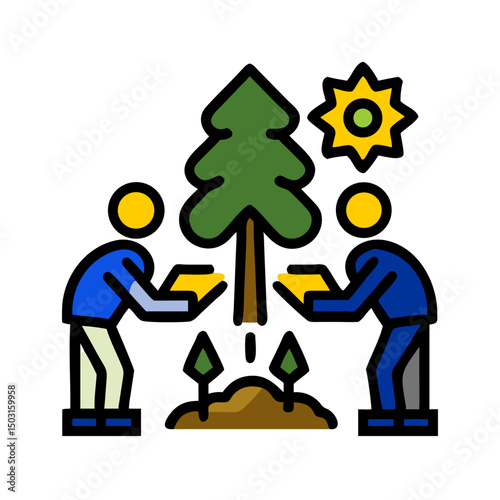 Tree planting donation icon depicting people planting a tree to support eco-friendly initiatives 