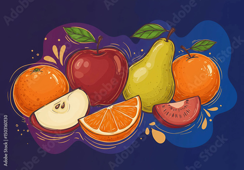 Illustration of various fruits, including apples and bananas, set against a vibrant blue background, Generative AI.