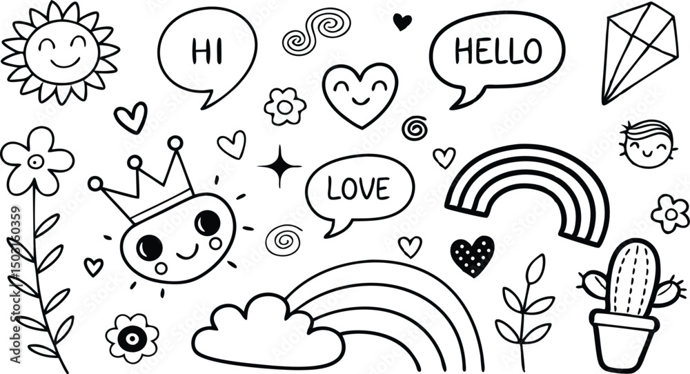 Fototapeta premium cute hand drawn doodle vector set,a seamless vector doodle illustration in black and white. love, Natural , firework, cloud, weather, rainbow, snow, heart and creative design vector collection.
