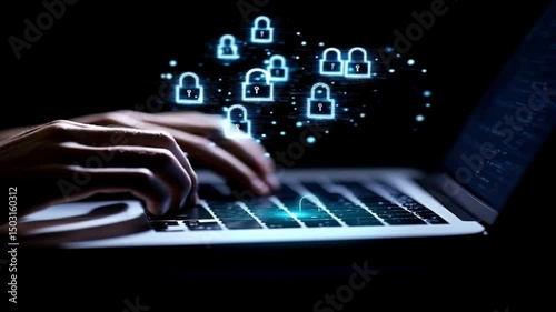 Animation video a digital computer virus alert appears on a laptop screen as a hand uses the keyboard for online business communication