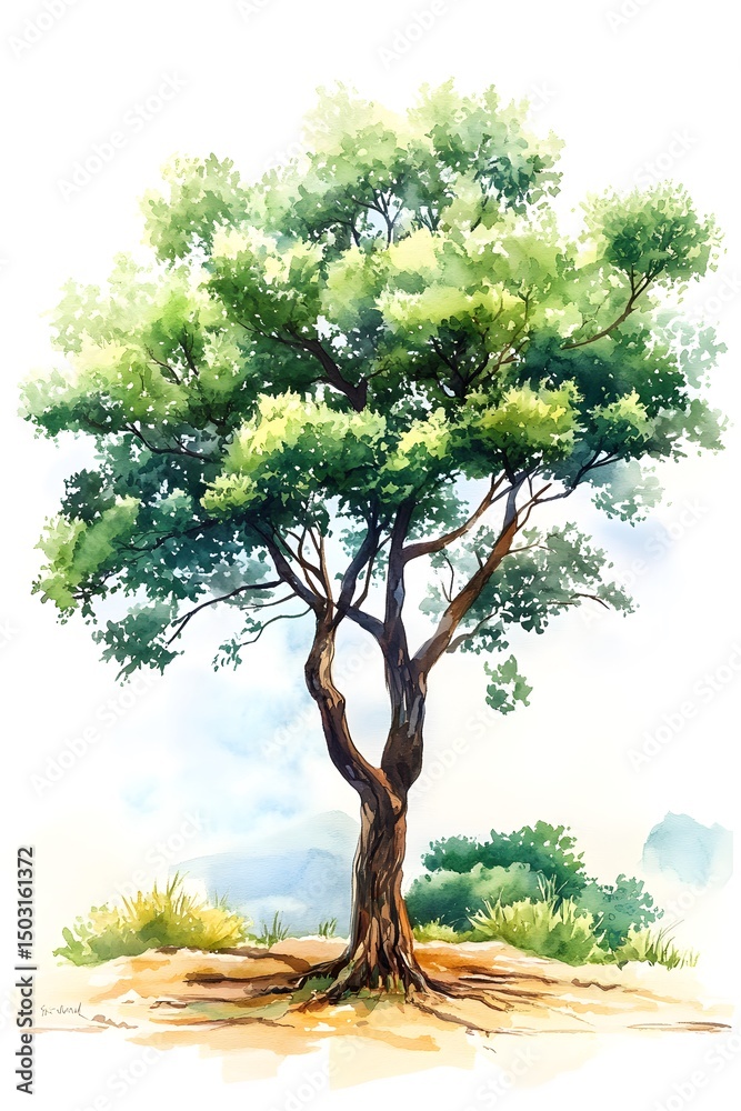 Obraz premium Lush green tree on a hilltop, painted in watercolor style.