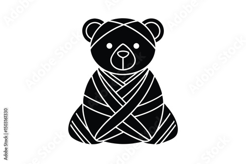Injured teddy bear wrapped in bandages needs care