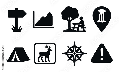 Hiking silhouette icons set – adventure, outdoor and nature symbol collection