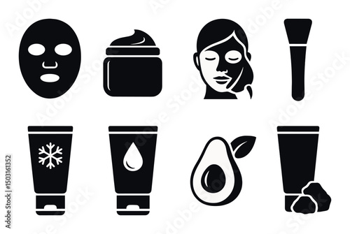 Face mask silhouette icons set – skincare, beauty essentials, and pampering symbols