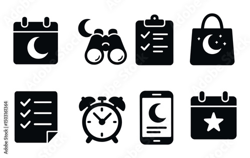 Eid preparation silhouette icons set – celebrate, festival, holiday symbols