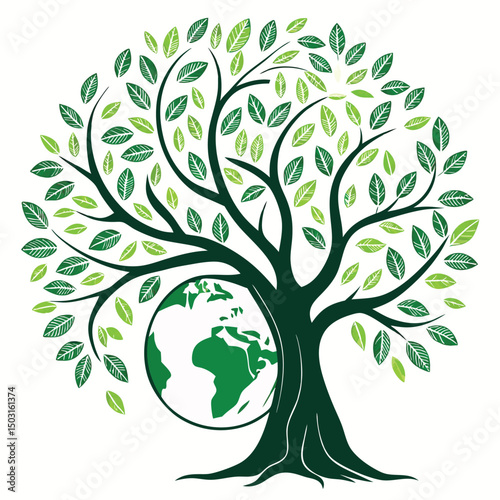 Abstract Eco Tree Vector Illustration with Glowing Leaves and Sustainable Green Energy Concept Design

