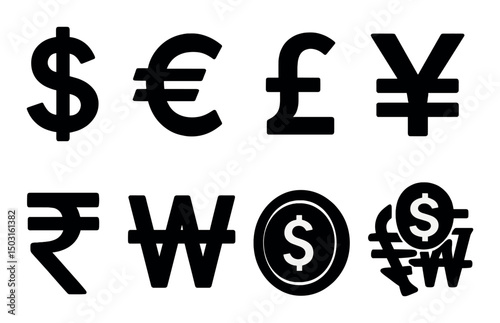Currency symbols silhouette icons set – finance, monetary and exchange graphics