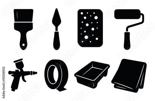 Painting tools silhouette icons set – brush, roller, and creative art symbols