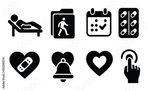 Health and medical silhouette icons set – recovery, wellness, healthcare symbols