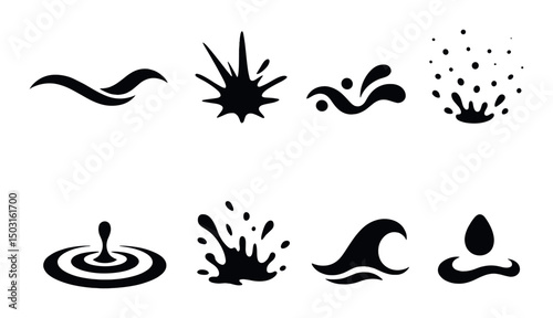 Abstract water silhouette icons set – splash, droplet and liquid symbols