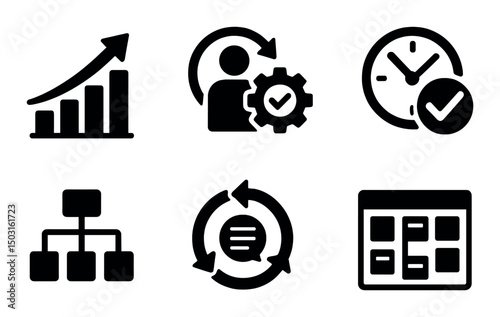 Process improvement silhouette icons set – workflow, efficiency, organization tools