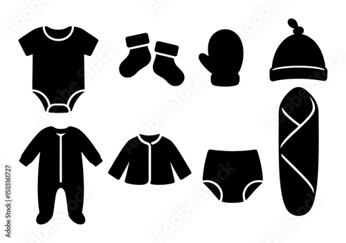 Baby clothes silhouette icons set – infant wear, apparel and baby fashion symbols