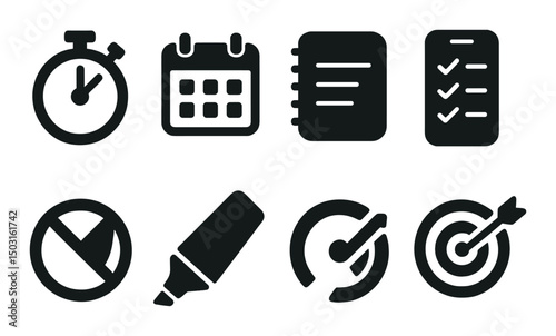 Productivity tools silhouette icons set – task management, organization, efficiency visuals