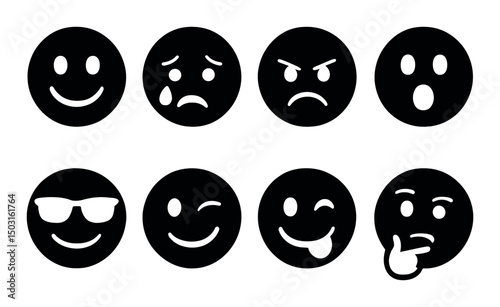 Classic emoji faces silhouette icons set – simple emotions, expressive symbols