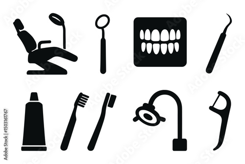 Dental tools silhouette icons set – simple, oral care and hygiene symbols