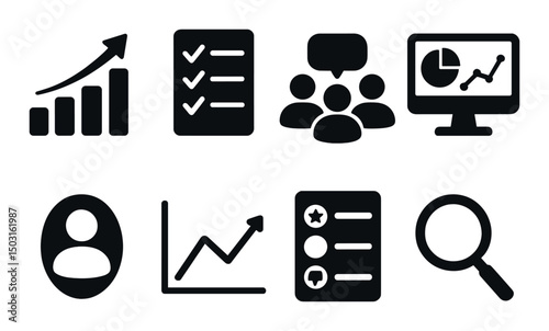 Market research silhouette icons set – analysis, survey, data collection graphics