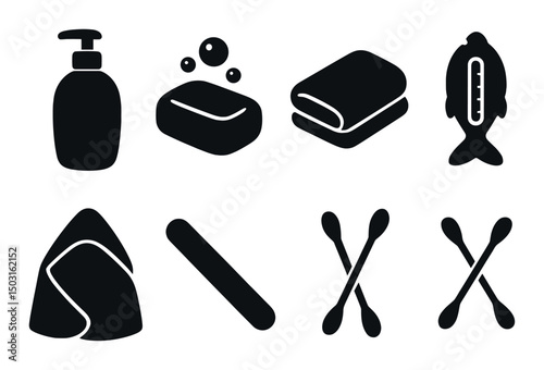 Baby hygiene essentials icons set – silhouette, care, cleanliness symbols